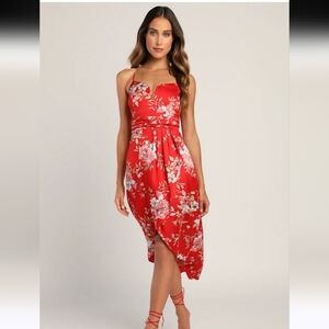 Lulus My Favorite Day Red Floral Print Tulip Skirt Midi Dress. XL